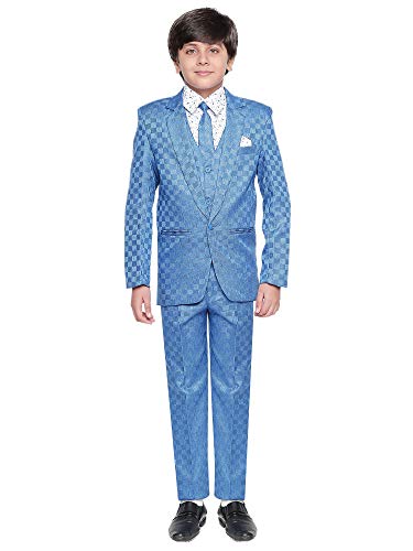 Image of Boys Blue Checked Coat Suit Set with Waistcoat Shirt and Trousers (9017ANJ)