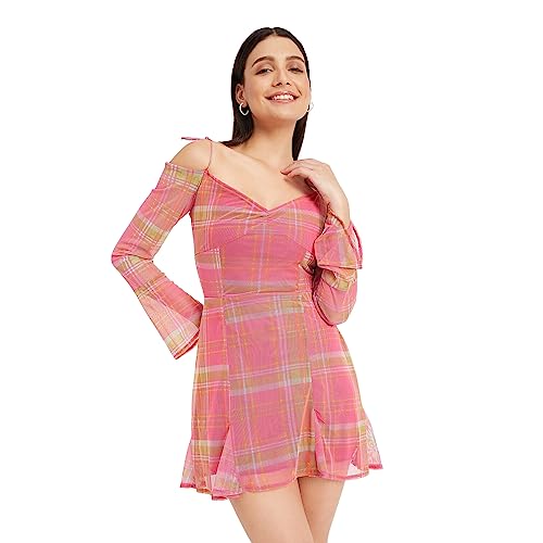 Image of DRAPE AND DAZZLE Printed Mesh Trumpet Sleeve Mini Dress with Tie Detailing for Women