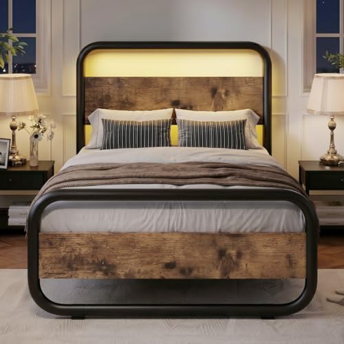 Image of Twin Bed Frames, Metal Platform Twin Bed Frame with Wood Headboard, Brown | RBG LED Lights /Heavy Duty Metal Slats Support /12 in Under-Bed Storage /Noise-Free /No Box Spring Needed /Easy Assembly