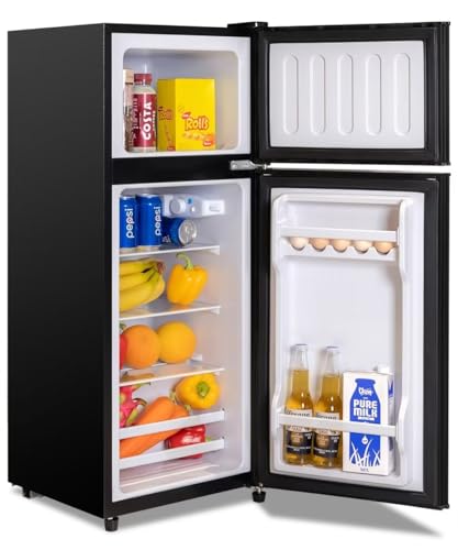 Anukis Compact Refrigerator 3.8 Cu Ft 2 Door Mini Fridge with Freezer for Apartment, Dorm, Office, Family, Basement, Garage - Silver