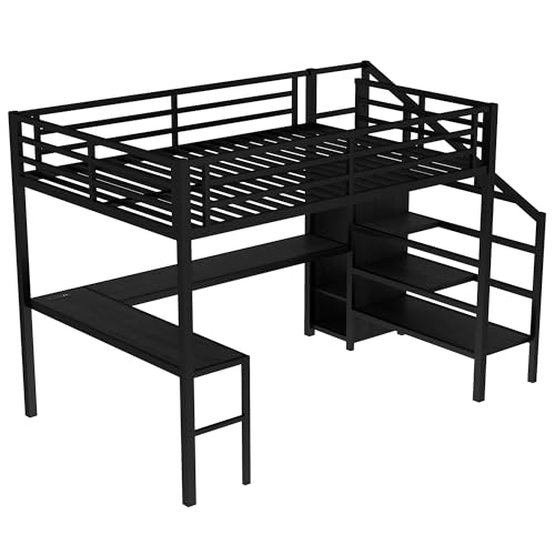 Image of Bellemave Queen Size Loft Bed with Desk and Wardrobe Storage Stairs and Wardrobe, LED USB, Loft Bed for Teens Metal, Black
