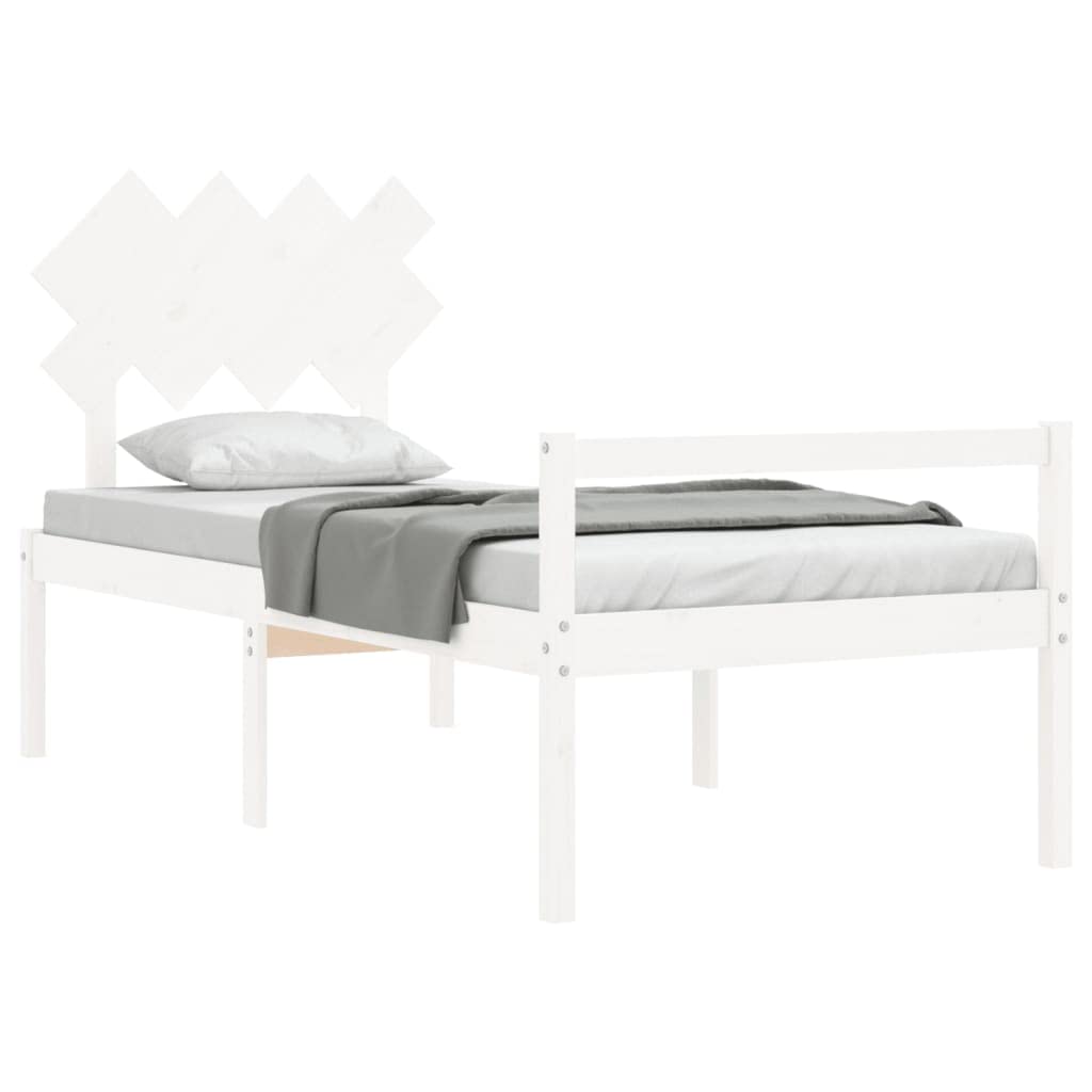 Seniorenbett Weiß 90x190 cm - Massivholz Kiefer Einzelbett mit Kopfteil, Komforthöhe 45 cm Seniorengerechtes Bettgestell Holz für Senioren & Erwachsene, Stabil Holzbetten Holzrahmen