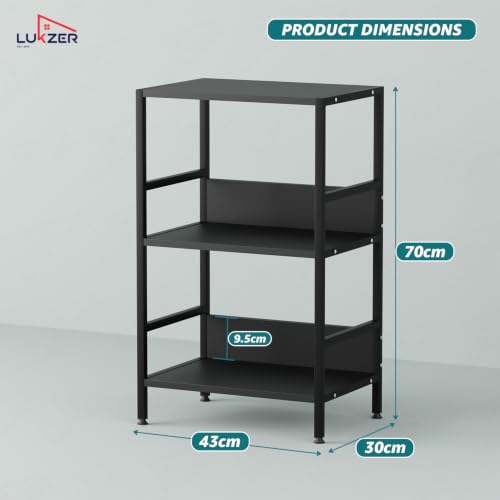 Image of Lukzer 3-Tier Wooden Bedside Table for Bedroom & Multipurpose Open Storage Shelf (MMR-006-Black & Black) Metal Side Tables for Living Room & Space-Saving Kitchen Organizer Rack (70 x 53 x 30 cm)