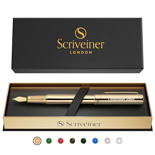 Image of Scriveiner Personalized Gold Fountain Pen - Stunning Luxury Pen, Real Gold Plating, Schmidt Ink Refill, Best Engraved Fountain Pen Gift Set for Men & Women, Custom Name Engraving