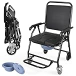 Folding Commode Chair on Wheels, Portable Toilet Chair with Padded Seat, Foldable Footrest, Bucket & Lid, Commode Toilet Chair Bedside Commode Chair for Elderly & Disabled, Supports Up to 330lbs