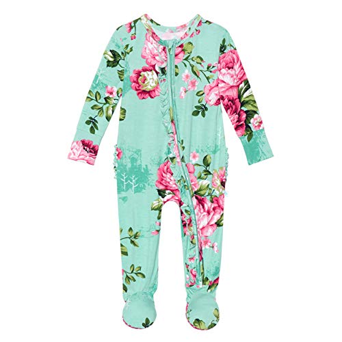 Posh Peanut Baby Rompers Pajamas - Newborn Sleepers Girl Clothes - Kids One Piece PJ - Soft Viscose from Bamboo (Aqua Floral, 0-3 Months)