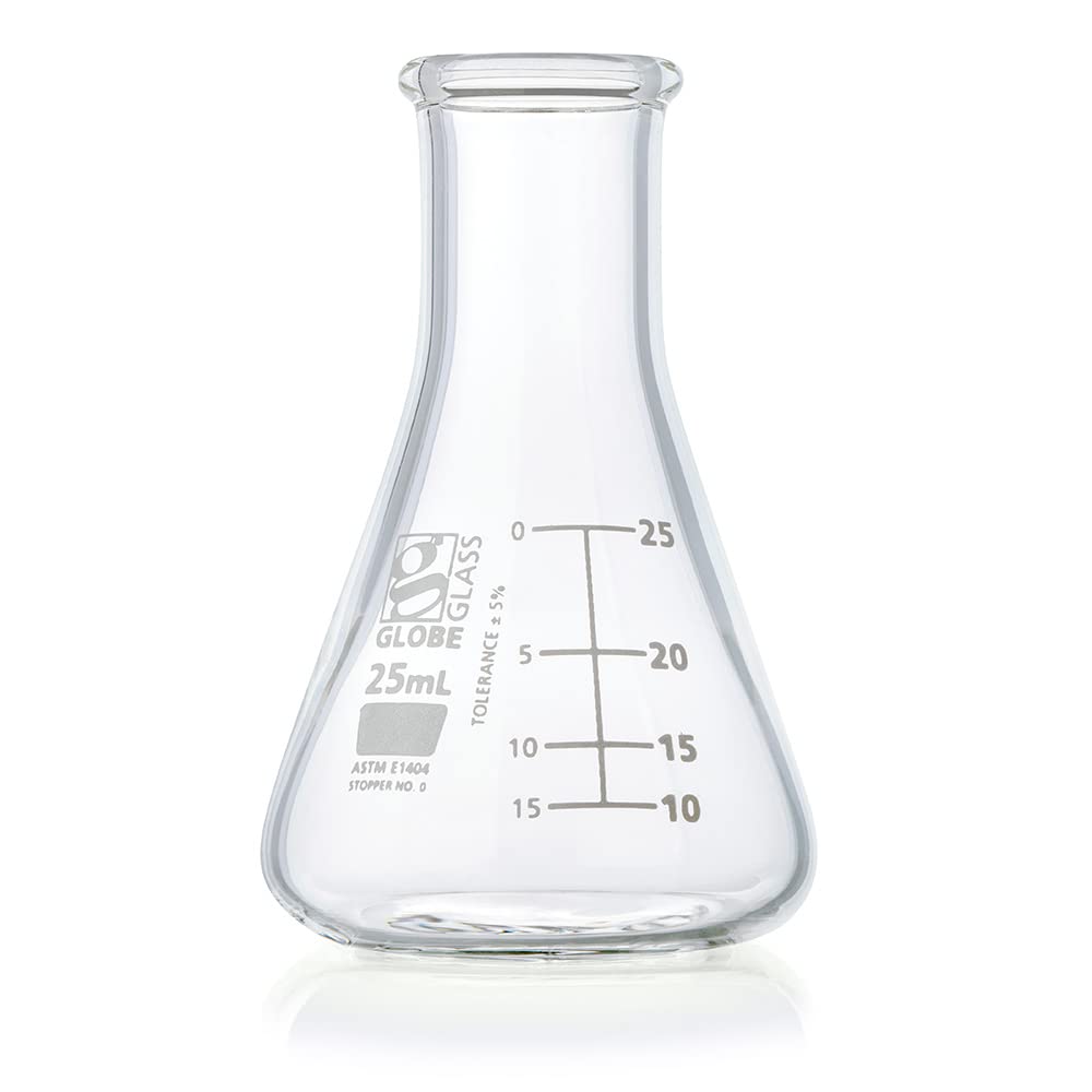 Erlenmeyer Flask, Globe Glass, 25mL, Narrow Mouth, Dual Graduations, 3.3 Borosilicate Glass, ASTM E1404, 12/Box