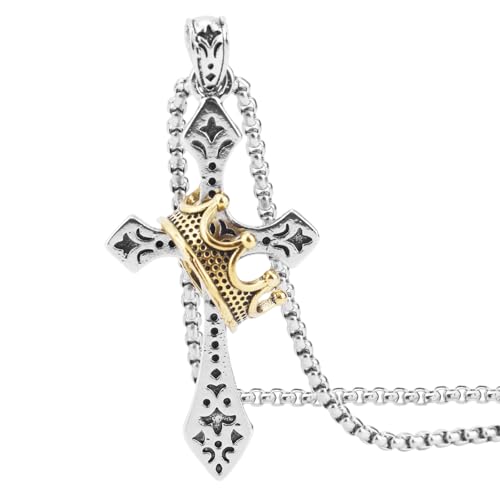 Stainless Steel Cross Necklace for Men, 24 Inch Crown Cross Chain Elegant Religious Jewelry Gift Non-Detachable Crown for Him