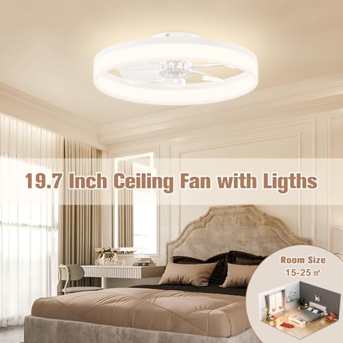 Image of VOLISUN Low Profile Ceiling Fans with Lights and Remote, 19.7in Fandelier Ceiling Fan Flush Mount, 3000K-6500K Smart Bladeless LED Fan Light, White Modern Ceiling Fans with Lights for Bedroom