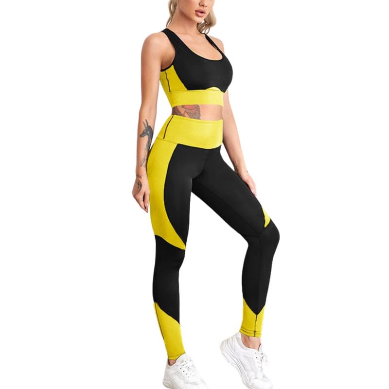 Women's U-Neck Sleeveless Gym Vest with Long Pants for Summer Jogging & Sports | Yellow-L