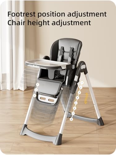 Image of Babilous High Chair, Foldable High Chairs for Babies and Toddlers with Removable Tray, Height Adjustable Feeding Chair, Adjustable Backrest and Footrest, Black