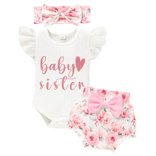 Image of ZOELNIC Baby Girl Clothes Infant Summer Outfits Set Ruffle Short Sleeve Top+Flower Print Shorts+Bow Hairband 3 Pcs Set