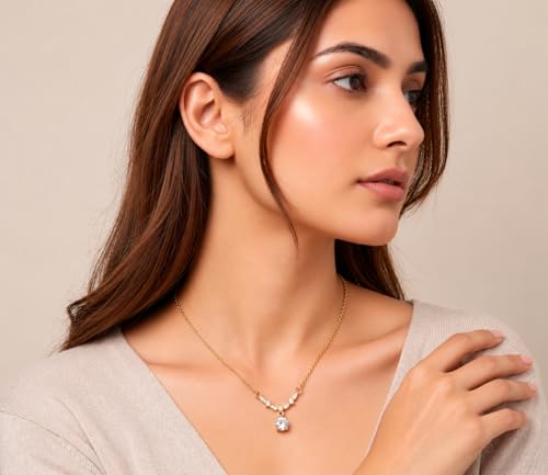 Image of gold plated diamond pendant necklace for women girls | stylish dainty drop chain necklace | anti tarnish minimalist daily jewelry | elegant aesthetic gift for wife, girlfriend, mother, sister