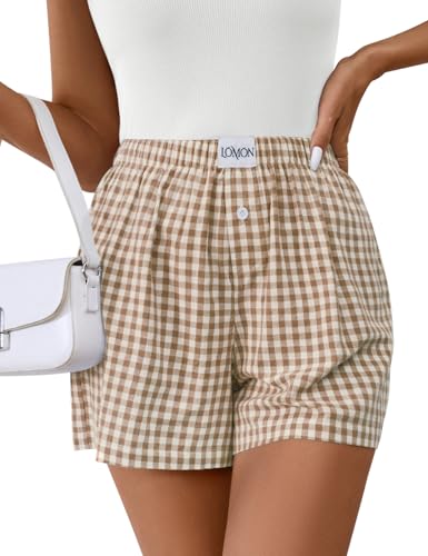 Image of LOMON Womens Boxer Shorts Casual Summer 2026 Pajama Lounge Sleep Pj Gingham Plaid Shorts Y2K Beach Bottoms