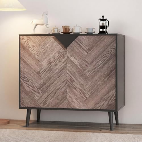 Garvee Modern Storage Free Standing Accent Cabinet, Buffet Cabinet with Doors, Wood Finish Sideboard Buffet with Storage for Dining Room, Entryway, Black+Grey Grain, 31.5 Inch