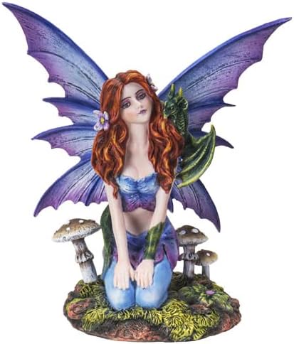 Pacific Giftware Red Haired Mushroom Dream Fairy with Green Dragon Companion Statue 6” Tall