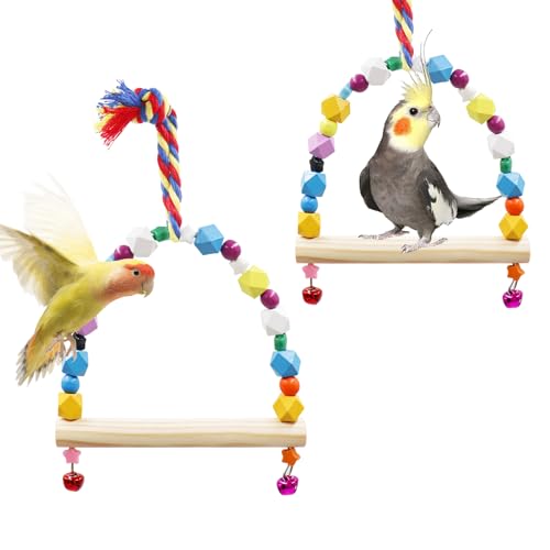 Image of Oooct 2 Pack Bird Swing, Hanging Colorful Wooden Parrot Perch Stand Toy, Bird Cage Accessories, Suitable for Small to Medium Birds Parrots Parakeets Cockatiels Conure Budgies Love Birds