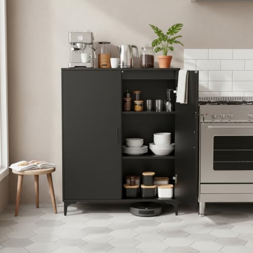 ZECIIYE Armario de Oficina Negro con Llave de Melamina, Mueble de Almacenaje 80x40x100cm con 2 Puertas, Aparador Moderno de Madera de Melamina para Oficina y Salón