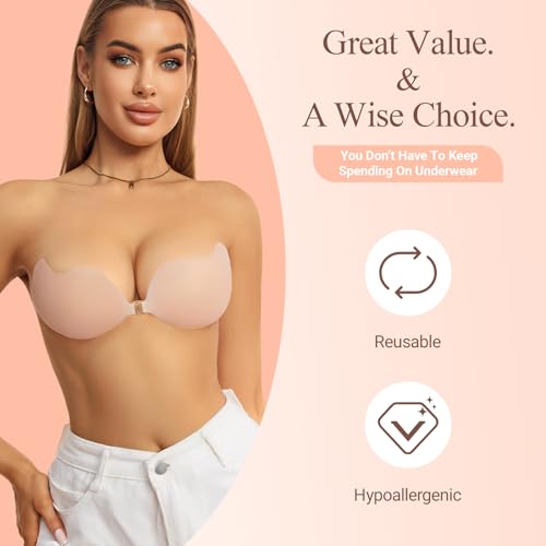 Rosefly Push Up Strapless Bra for Women, Backless Sticky Bra for Dramatic Lift & Deep V, Reusable AB Adhesive4