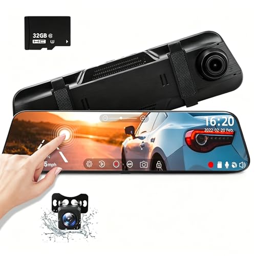 Image of KEPEAK Dash Cam Front and Rear, 10'' FHD IPS Touch Screen Dual Dashcam, 1080P 4K Mirror Dash Cam, Super Night Vision, Loop Recording, 24H Parking Mode, 32GB Card