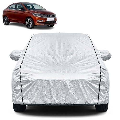 Image of Waterproof Car Cover for TATA Tigor | Dustproof, UV Resistant & Scratch Protection | Soft Cotton Lining | Triple Stitched | Mirror Pockets & Elastic Fit | Silver