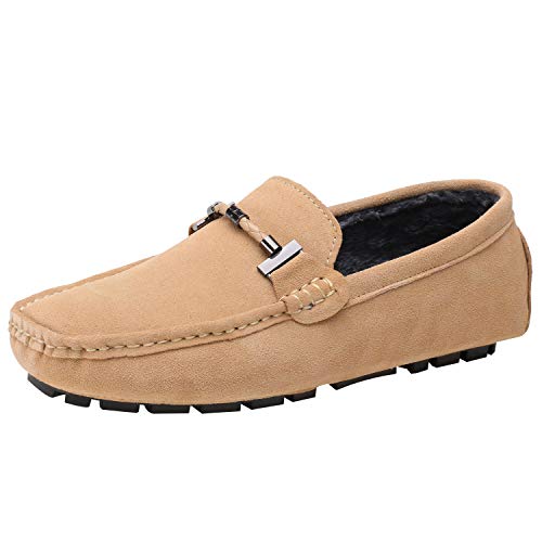 Jamron Hommes Élégant Boucle Loafers Confortable Daim Chaussures de Conduite Stylées Mocassin Slippers Chameau Peluche SN19020-2 EU43
