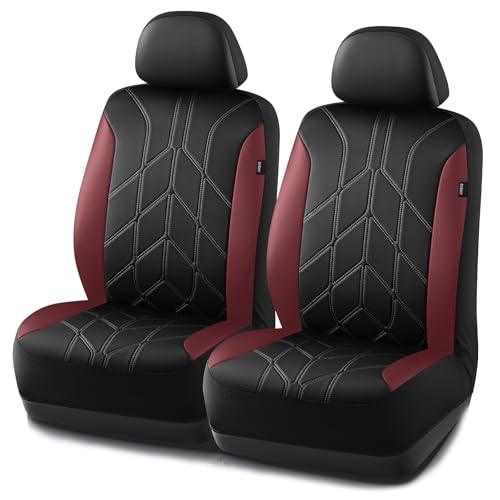 PIC AUTO Car Seat Cover, Piping Leather Front Seat Cover for Cars, Black & Burgundy Two-Tone Luxury Leather, Universal Fit, Durable, Airbag Compatible, Suitable for SUVs, Trucks, Sedans, and Vehicles