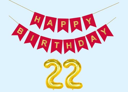 Image of 22nd Happy Birthday Decoration Kit Red for 22 year Old Boys Girls Men with Number Twenty-two Party Decorations Decor Celebration Items Item Set Combo Reusable Paper Banner