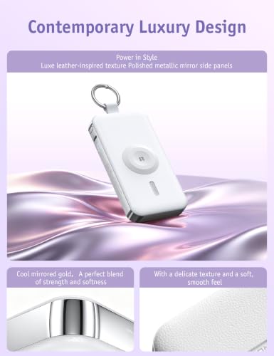 RORRY Portable Charger, 12000mAh 30W Fast Charging Power Bank with Built-in Retractable USB C Cable, Battery Pack with Keychain, Travel Essentials for iPhone, Apple Watch, iPad, White — view 6