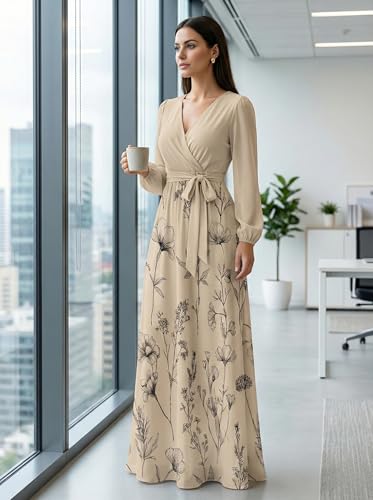 Image of PinkPatty Women's Long Sleeve Maxi Dress Plus Size Trendy Wedding Guest Wrap Dress with Pockets&Belt