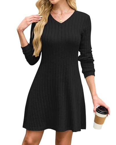 AUSELILY Strickkleid Damen Herbst V Ausschnitt Herbstkleid Elegant Pulloverkleid Langarm Casual Kleid Winter Schwarz M