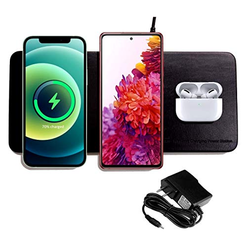 '3 in 1' Triple Wireless Charging Pad W/AC Adapter, Qi Certified Fast Wireless Charging, Support The Series of iPhone12, Samsung Galaxy S20/ Note20, New Airpods【Note】 NO Support Qi Watch (Black)