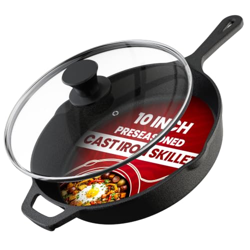 Utopia Kitchen Cast Iron Skillet 10 Inch with Lid Chefs Frying Pan Black