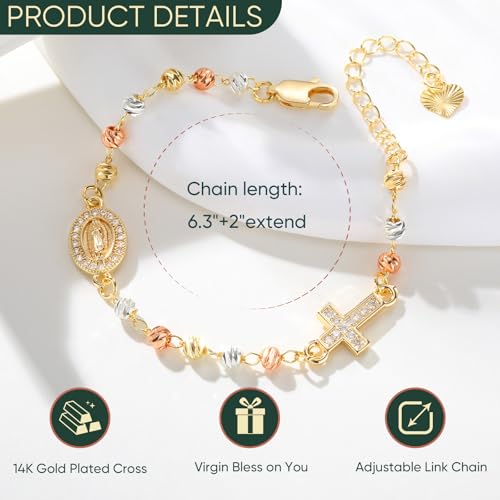 Gold Rosary Bead Cross Bracelet - 14k Gold Plated Virgin Mary Bracelets,Non Tarnish Golden Religious Rosarios Catolicos Virgen de Guadalupe Jewelry,Catholic Confirmation Baptism Gifts for Women4