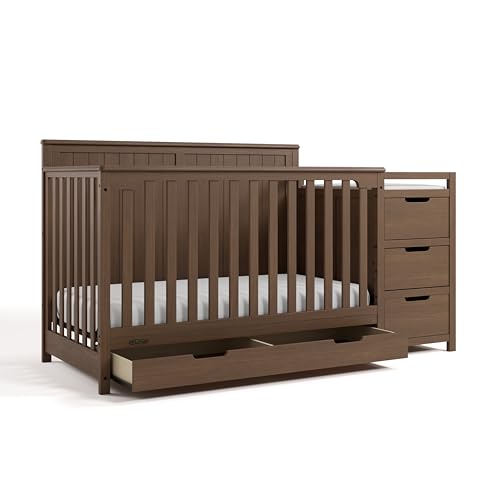 Image of Graco Hadley 5-in-1 Convertible Crib & Changer – GREENGUARD Gold Certified, Fits Standard Crib Mattress, Converts to Toddler Bed and Full Bed, 4 Adjustable Mattress Heights (Hazelnut)