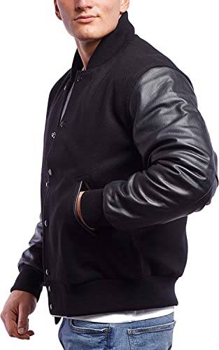 Image of Mens Black Bomber Baseball Varsity Letterman Jacket High School College Jackets Leather Sleeves Wool Body