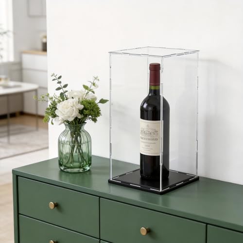 Image of Acrylic Display Case for Red Wine Bottle and Dolls, Versatile Clear Acrylic Display Box with Black Base for Showcase and Displaying, 5x5x14-inch