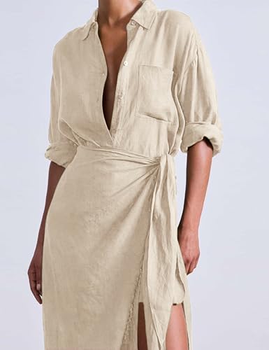 Yeokou Women Cotton Linen Wrap Shirt Maxi Dress Button Down Long Sleeve Lapel Asym Slit Hem Sundress3