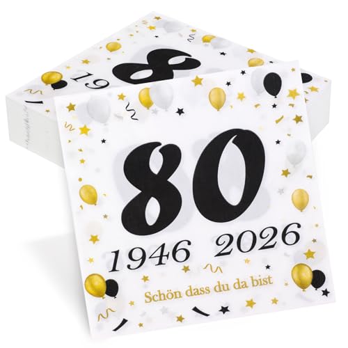 50 Stück Servietten 80. Geburtstag Seutgjie 80 Geburtstag Deko 1946-2026 Jubiläum Tischdeko Schwarz Gold Party Gedeckter Tisch