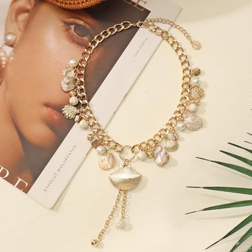 Image of Coiris Natural Seashell Choker Necklaces Earrings Jewelry Set for Women Starfish Shell Freshwater Pearl Collar Necklaces for Women Irregular Mother of Pearl Jewelry Set