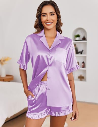 Image of Ekouaer Satin Pajama Set for Women 2 Piece Pj Sets Short Sleeve Sleepwear | Super Soft Silky Summer Loungewear Set with Ruffle Short Sleeve Top and Pocket Shorts, Casual Travel Daily Gift