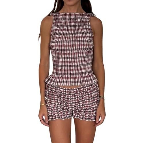 Yojeasrio Women Y2k Gingham Smocked Shorts Set Sleeveless Shirred Boatneck Tank Top Plaid Bloomer Shorts Going Out 2 Piece Outfits (Smocked Burgundy, S)