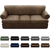 Pfrstuv 4-Pieces T Cushion Sofa Slipcovers - Leather Look Couch Cover for 3 Cushion Couch - Furniture Protector Stretch Sofa Cover With 3 Individual Seat Covers - Washable, Light Brown