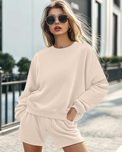 Ficerd Women's 2 Piece Outfits Long Sleeve Pullover Sweatshirt and Sweat Short Lounge Tracksuit Fall Winter Sweatsuit4