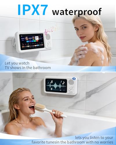 Shower Phone Holder Waterproof for iPhone Bathroom Fan with Speaker Bluetooth Water Proof Wall Mounted Mirror Mount Bath Screen Case Accessories Mount Cell Altavoz Impermeable Buddy in Bathtub