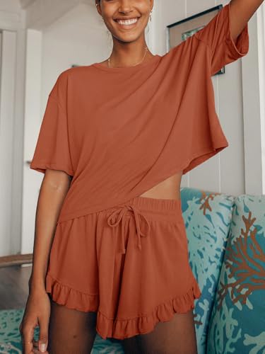 Image of Tankaneo Womens 2 Piece Shorts Set Summer Casual Short Sleeve T Shirts Drawstring Ruffle Shorts Pajamas Lounge Set