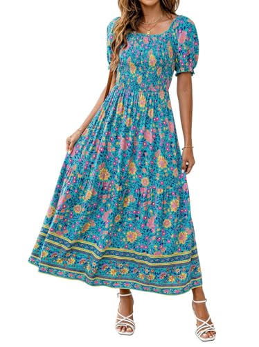 Image of ZESICA Women's 2026 Summer Boho Floral Print Dress Square Neck Ruffle Swing Beach Vacation Long Maxi Dresses