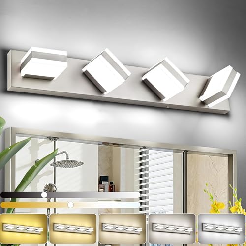 Image of SOLFART Bathroom Vanity Lights, Adjustable Brushed Nickel Vanity Light for Bathroom,LED Light Fixtures Over Mirror,5 Color Temperature 4 Lights 5CCT