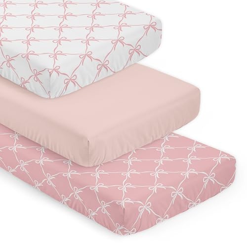 Image of Sweet Jojo Designs 3-Piece Baby Crib Sheets Set (Pink Bows) for Girls, Infant Nursery, Toddler Room - Fitted, Standard Size (Solid Blush, Elegant Bow for Ballerina, Ballet, Dancer Princess Collection)
