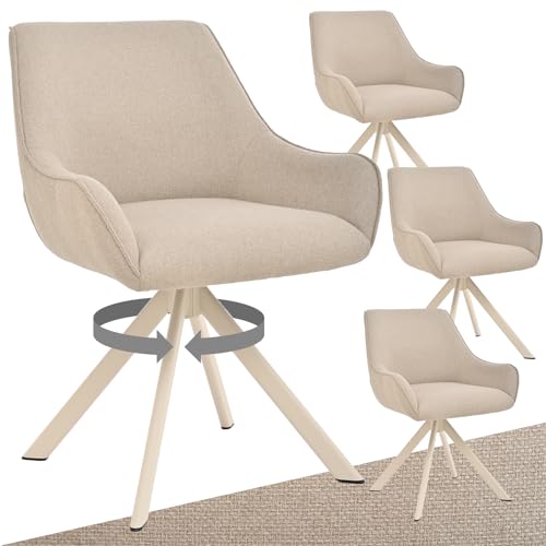 Goeurvant Lot de 4 chaises de salle à manger pivotantes avec accoudoirs, pivotantes à 360°, modernes, en lin, avec structure en métal beige et dossier,...